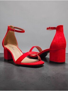 Red Block Heel Sandals With Ankle Strap  Womens Shoes Open Toe Design Elegant &
